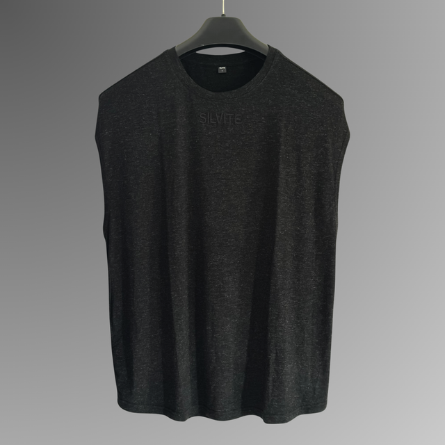 A dark gray antibacterial sleeveless pyjama shirt hanging on a black hanger against a gray gradient background. The brand name 'SILVITE' is printed in tonal dark gray on the chest.