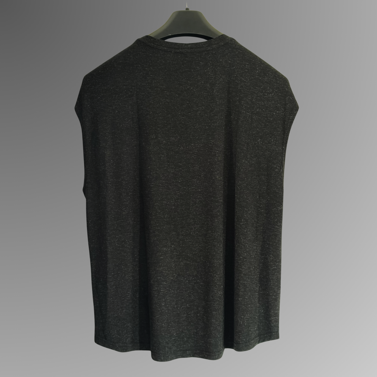 A dark charcoal gray sleeveless antibacterial pyjama top hanging on a black hanger against a neutral gray gradient background.