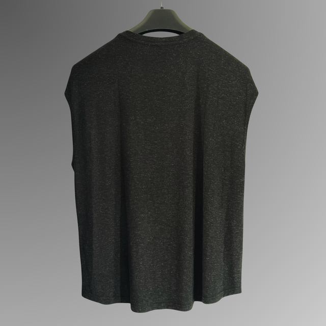 A dark charcoal gray sleeveless antibacterial pyjama top hanging on a black hanger against a neutral gray gradient background.